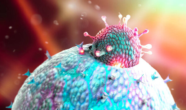 Микроскопический вид коронавируса, патогена, поражающего дыхательные пути. Ковид-19. Анализ и тест, 3D рендеринг. Вирусная инфекция. Распространение вируса в организме человека. Вакцина