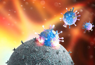 Coronavirus 'un mikroskobik görüntüsü, solunum yoluna saldıran bir patojen. Covid-19. Analiz ve test, 3D görüntüleme. Viral enfeksiyon. Virüsün insan vücudunda yayılması. Aşı