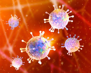 Coronavirus 'un mikroskobik görüntüsü, solunum yoluna saldıran bir patojen. Covid-19. Analiz ve test, 3D görüntüleme. Viral enfeksiyon. Virüsün insan vücudunda yayılması. Aşı 