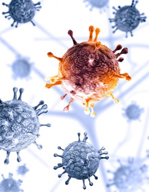 Coronavirus 'un mikroskobik görüntüsü, solunum yoluna saldıran bir patojen. Covid-19. Analiz ve test, 3D görüntüleme. Viral enfeksiyon. Virüsün insan vücudunda yayılması. Aşı 