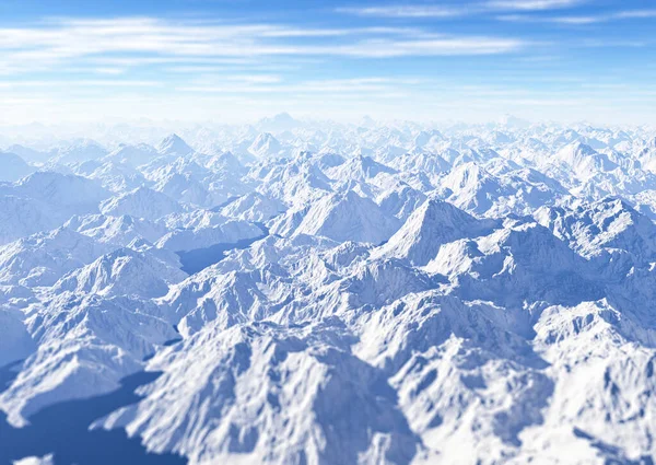 Aerial view of a snowy mountain range. Snow on the peaks. Himalaya. Alpine arch. Reliefs and orography of the land, melting of ice. Climate change. Temperature increase. Nature in danger. 3d render