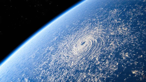 Satellite view of the eye of the storm, tropical storm. Formation of hurricanes. Atmospheric pressure. Meteorology. Climate change and global warming. Destructive air vortex. 3d render. Typhoon