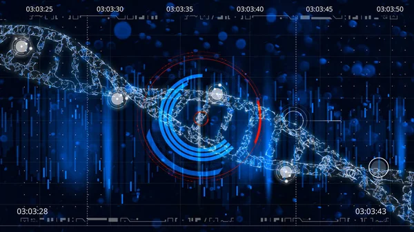 Dnaヘリックス コンピュータ解析とテスト 生物の成長に使用される遺伝的指示 3Dレンダリング Hud ホログラムX線ビュー 新しい遺伝学的発見 — ストック写真