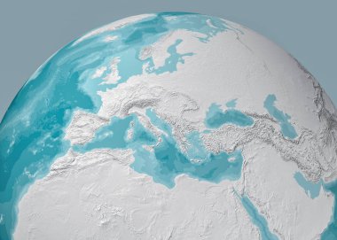 Akdeniz ve Avrupa, Afrika ve Orta Doğu 'nun dünya haritası. Harita, coğrafi atlas. 3 boyutlu görüntüleme. Bathymetri, okyanusun sualtı derinliği 