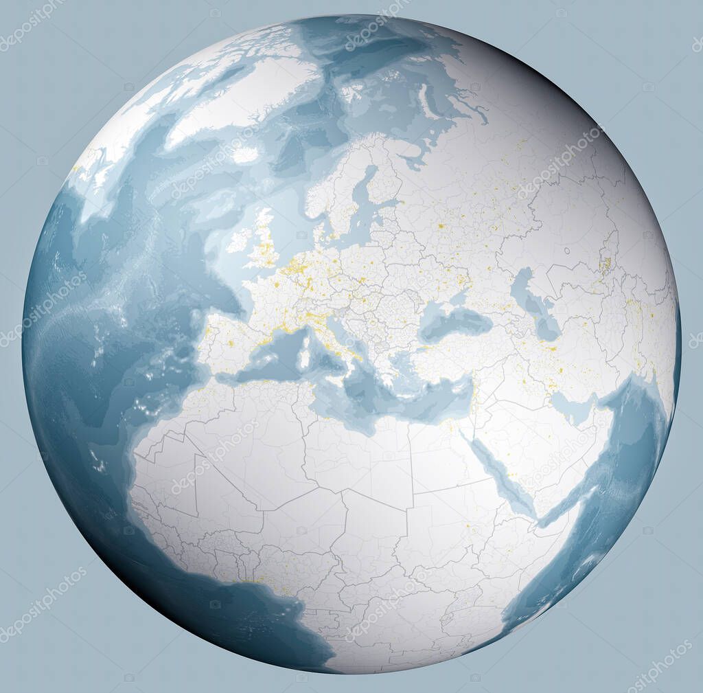 Globe map of the Mediterranean Sea and Europe, Africa and the Middle East. Borders and major cities. Cartography, geographical atlas. 3d render. Bathymetry, underwater depth of ocean 
