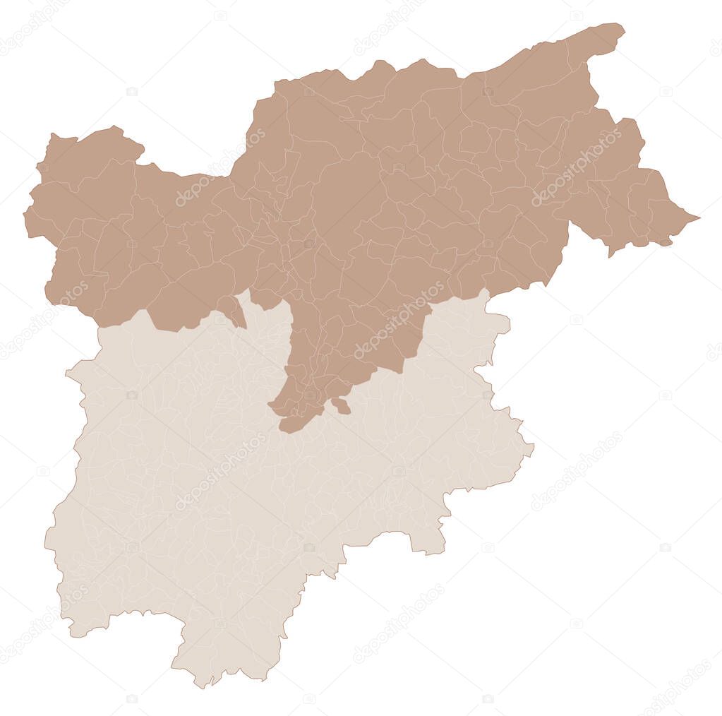 Trentino-Alto Adige map, division by provinces and municipalities. Closed and perfectly editable polygons, polygon fill and color paths editable at will. Levels. Political geographic map. Italy