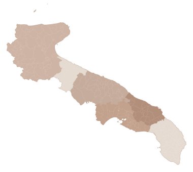 Puglia haritası, illere ve belediyelere göre bölünmüş. Kapalı ve mükemmel bir şekilde düzenlenebilir çokgenler, çokgen doldurma ve renk yolları istedikleri zaman düzenlenebilir. Seviyeler. Politik coğrafi harita. İtalya