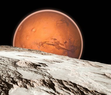 View of Mars seen from Phobos, Deimos the two moons of Mars, natural satellites orbiting the Red Planet. Exploration. Discoveries. 3d render. Element of this image are furnished by Nasa clipart