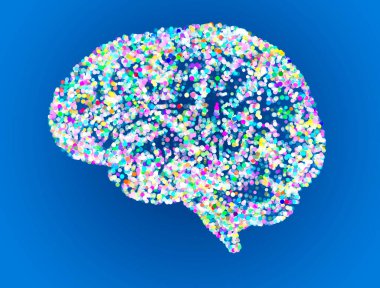 Noktalı stilize beyin. Fikirler ve düşünceler, yaratıcı ol. Çok renkli daireler. Beyin organının yan görüntüsü. İnsan anatomisi. Kavram ve soyutlama. Parçacıklar