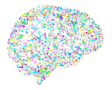 Noktalı stilize beyin. Fikirler ve düşünceler, yaratıcı ol. Çok renkli daireler. Beyin organının yan görüntüsü. İnsan anatomisi. Kavram ve soyutlama. Parçacıklar