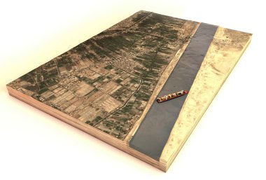 Satellite view of the Suez Canal. Reconstruction of the container ship stranded in the canal. Cargo ship wedged in Suez Canal causes traffic jam. Egypt. Ever Given. 3d render clipart