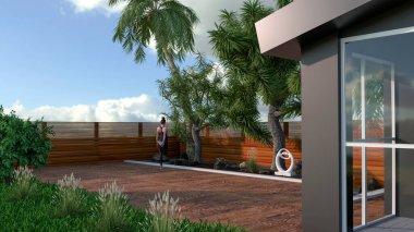 Zen bahçesi, açık hava eğitimi, jimnastik ve hareketler, evde bile formda kalmak gibi. Kız jimnastik yapıyor. Modern villa ve bahçeli palmiye ağaçları ve bitkiler. 3d hazırlayıcı