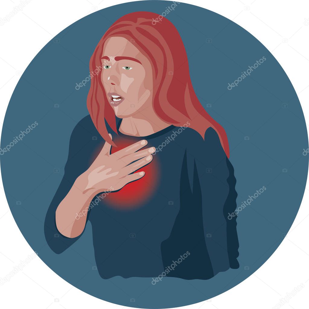 Girl with chest pain, shortness of breath, difficulty in breathing, acute and chronic dyspnea. Symptoms and Diagnosis. Lungs, trachea and heart. Pneumonia, heart attack, tachycardia