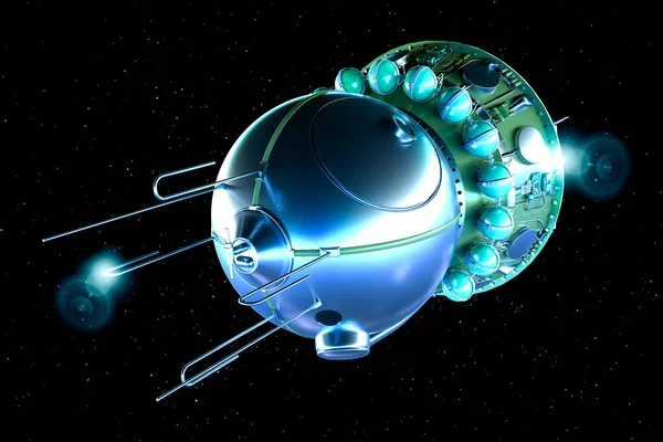 The Vostok spacecraft, was a type of spacecraft built by the Soviet Union. The first human spaceflight was accomplished with Vostok 1 on April 12, 1961, by Soviet cosmonaut Yuri Gagarin. Spacecraft capsule around the earth, 3d render