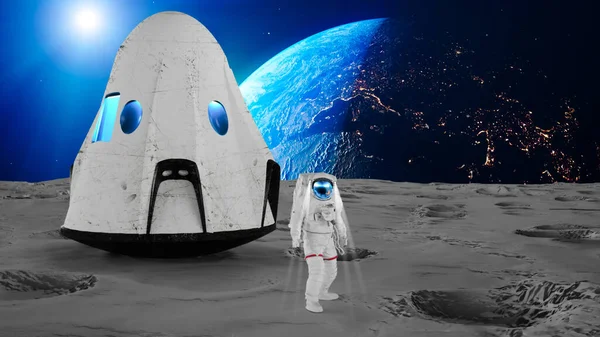 Voo Espacial Pouso Lua Nave Espacial Lua Astronauta Solo Lunar — Fotografia de Stock