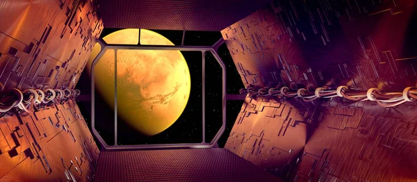 Widok Marsa Pokładu Statku Kosmicznego Podróż Międzygwiezdna Planety Zbadania Nowe — Zdjęcie stockowe