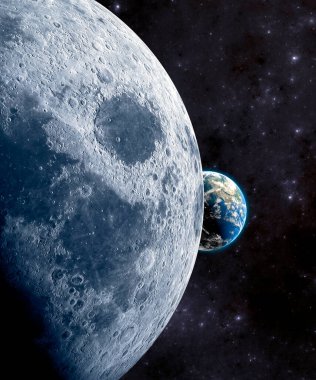 Ay ve Dünya 'nın görüntüsü. Kraterler ve ay vadileri. Ay karakolu ve yeni sınırlar. Yıldızlararası yolculuk için başlangıç noktası. 3 boyutlu görüntüleme. Bu görüntünün elementi Nasa tarafından desteklenmektedir