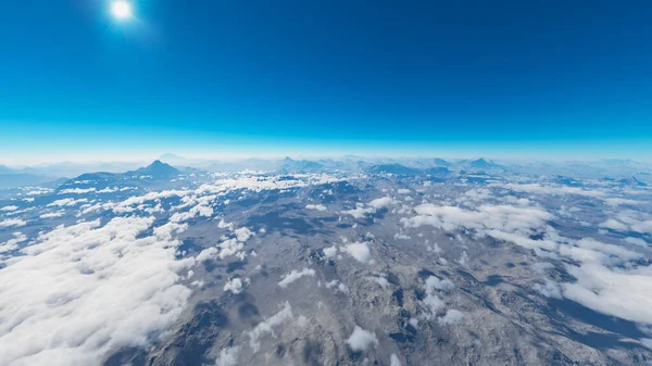 Aerial View Mountain Range Clouds Clouds Envelop Panorama Mountains Sun — Stock Photo, Image