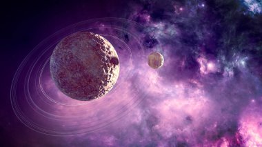 Keşfedilmemiş galaksilerin gezegenleri ve dış gezegenleri. Bilim kurgu. Keşfedilecek yeni dünyalar. Nebula ve galaksilerin kolonileşmesi ve keşfi. Gezegen ve halkalar. 3d hazırlayıcı