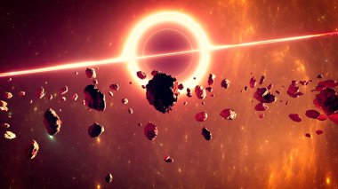 Süper kütleli kara delik, yerçekimsel çöküntüye uğramış bir astronomik nesne sınıfıdır. Olay ufku. Göktaşı ve uzayda enkaz. Asteroid halkaları gezegenin etrafında dönüyor. 3d hazırlayıcı