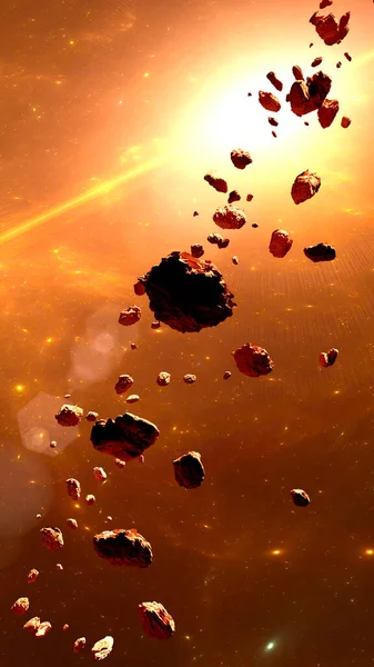Asteroides Desechos Espacio Los Asteroides Rodean Planeta Gran Estrella Fondo — Foto de Stock