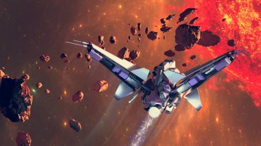 Uzay gemisi diğer galaksilerin dış gezegenleri arasında seyahat ediyor. Göktaşı ve uzayda enkaz. Asteroid halkaları gezegenin etrafında dönüyor. Arka planda büyük bir yıldız. 3d hazırlayıcı