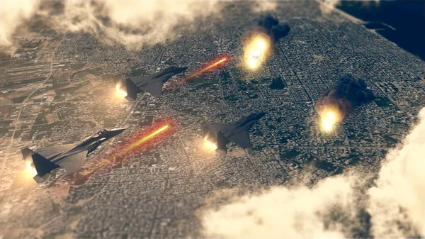 Israeli air raid on the Gaza Strip, Palestine. Gaza city. Combat aircraft bombing sensitive targets within the Gaza Strip. Explosions caused by missiles. Satellite view. 3d render