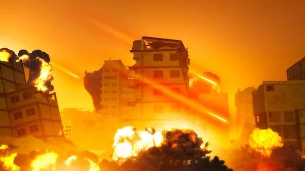 Israeli air raid on the Gaza Strip, Palestine. Gaza city. Combat aircraft bombing sensitive targets within the Gaza Strip. Explosions caused by missiles of buildings and homes. 3d render