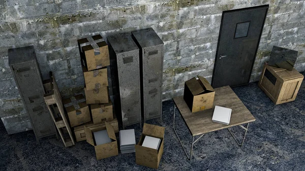 Tisch Einem Keller Mit Karton Und Streng Geheimen Akten Geheimer — Stockfoto