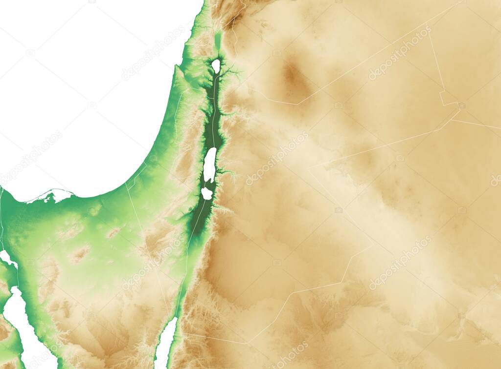 Physical map of the eastern area of the Mediterranean Sea, states and borders, North Africa and the Middle East. Mountains, lakes and plains. Israel, Lebanon, Jordan, Saudi Arabia and Egypt. 3d render