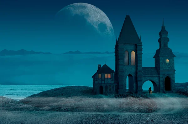 Fantasie Landschap Toren Middeleeuwse Huizen Gehuld Mist Een Woestijn Vlakte — Stockfoto
