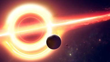 Bir kara deliğin yerçekimsel alanı, yerçekimsel çekim. Meteorlar ve asteroitler yutulmak üzere. Yeni dünyalar ve galaksiler. Nebula ve yıldızlar. Derin uzay. 3d hazırlayıcı