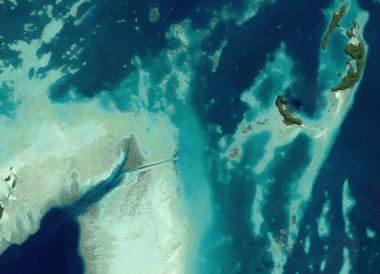 Satellite view of Palau, Micronesia, south island, uninhabited atoll. Crystalline, transparent and limpid seabed. Tropical islands. Element of this image is furnished by Nasa