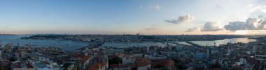 Panoramic view of the Istanbul skyline from above the Galata Tower. Mosques, historical buildings of the city: Aya Sofya, Topkapi Sarayi, Blue Mosque, Suleymaniye Mosque. 06-22-2019