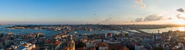 Panoramic view of the Istanbul skyline from above the Galata Tower. Mosques, historical buildings of the city: Aya Sofya, Topkapi Sarayi, Blue Mosque, Suleymaniye Mosque. 06-22-2019