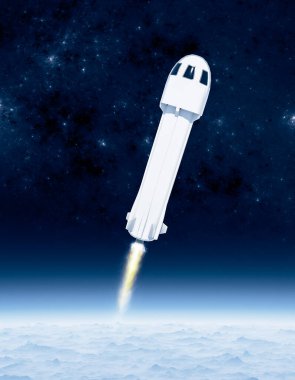 Tourist space travel, rocket and capsule, once the Krmn line is reached, the capsule will detach from the rocket. First tourist flight. Earth's atmosphere. New shepard. 3d render