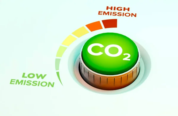 降低二氧化碳排放以限制全球变暖和气候变化 概念与旋钮 以减少二氧化碳水平 能源和运输业去碳化的新技术 二氧化碳 3D渲染 — 图库照片