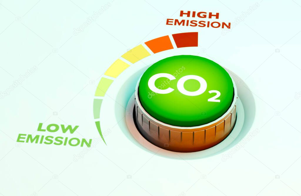 Lower CO2 emissions to limit global warming and climate change. Concept with knob to reduce levels of CO2. New technology to decarbonize industry, energy and transport. Carbon dioxide. 3d render