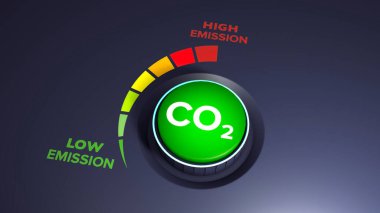 Küresel ısınma ve iklim değişikliğini sınırlamak için CO2 emisyonlarını düşür. Karbondioksit seviyesini düşürmek için düğmeli kavram. Endüstriyi, enerjiyi ve ulaşımı karbonlaştıracak yeni teknoloji. Karbondioksit. 3d hazırlayıcı