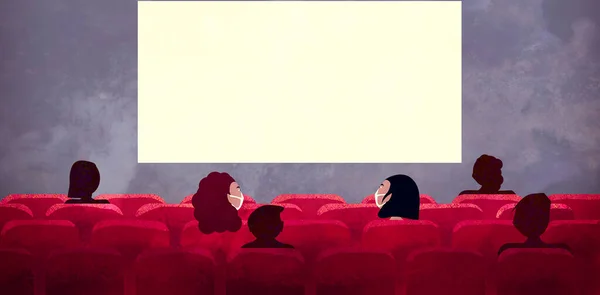 Kinosaal Mit Roten Sesseln Kinopräsentation Kino Leinwand Covid Vorschriften Schutzmasken — Stockfoto