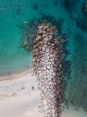 Plajın ve şemsiyelerin havadan görünüşü. Tropea, Calabria, İtalya. Parghelia. Yukarıdan görünen deniz yatağının genel görünümü, şeffaf su. Yüzücüler, suda yüzen banyocular. Lido La Scogliera