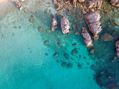 Plajın ve şemsiyelerin havadan görünüşü. Tropea, Calabria, İtalya. Parghelia. Yukarıdan görünen deniz yatağının genel görünümü, şeffaf su. Yüzücüler, suda yüzen banyocular. Vardanello sahilleri ve kayalıkları