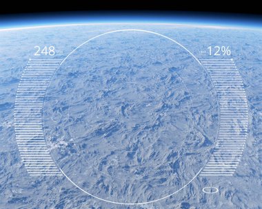 Atmosfer ölçüm ve kontrol araçları. Veri transferi. Ozon deliği. Uydu takibi. Atmosfer, dağlar ve bulutlar, karasal harita. Baş parmak izi. 3d oluşturma