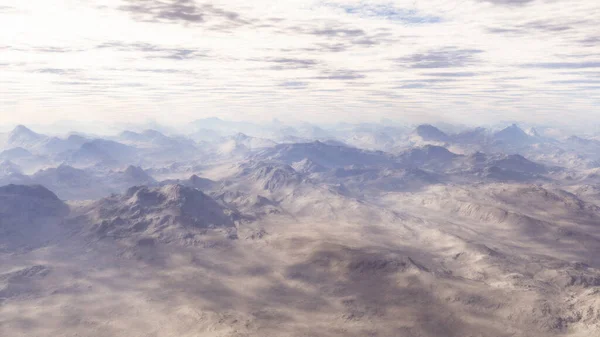 气候变化 黎明时分沙漠地区山脉的全景 提高温度 干旱和干燥的地区 山和云 全球变暖 3D渲染 — 图库照片