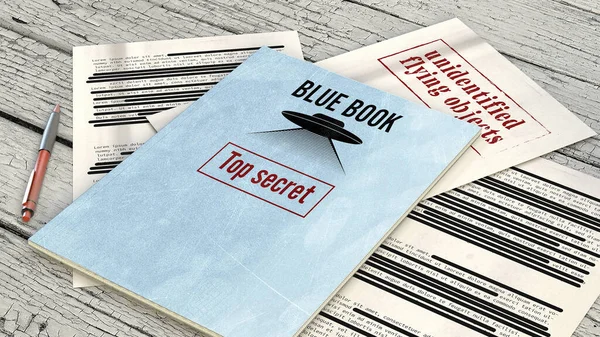 Project Blue Book was the code name for the systematic study of unidentified flying objects by the United States Air Force. Declassified documents and files, top secret files on a table. 3d rendering