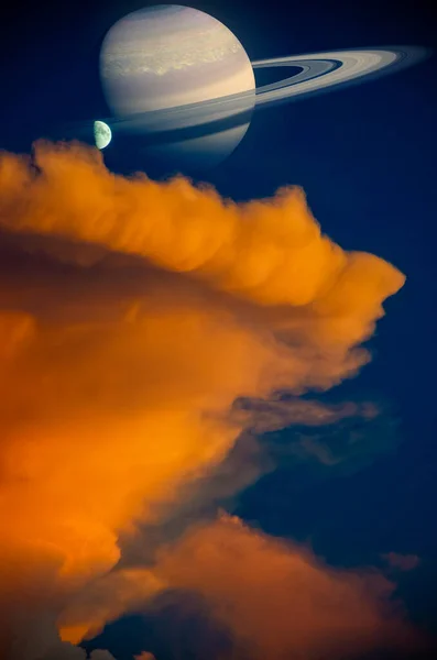 Sci-fi landscape. Saturn seen from one of his moons. View from the satellites of the planet Saturn. Clouds and atmosphere of a moon next to a planet with rings. 3d rendering