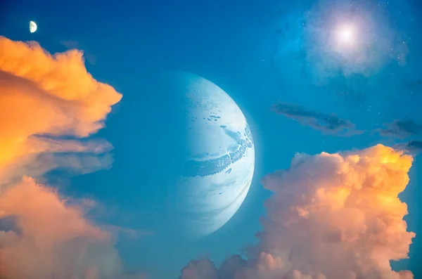 科幻风景 从他的一颗卫星上看到的行星外星星球 在行星旁边的月亮的云彩和大气 3D渲染 — 图库照片