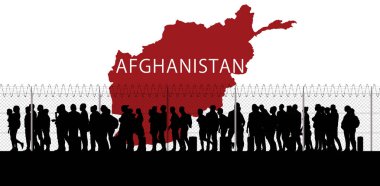 Afganistan mülteci acil durumu, diğer devletlerle olan sınırlara ulaşmak için şehirlerden kaçmak. Taliban tehlikesi. Misafirperverlik. Bir grup göçmen. Çit ve dikenli tel. Daha iyi bir gelecek için topraklarını terk ederler. Siyah beyaz siluet. 3d oluşturma