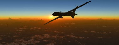 Gün batımında bir dağ sırasının üzerinde uçan askeri bir dronun hava görüntüsü ve silueti. Askeri görev ve hedef. 3d oluşturma