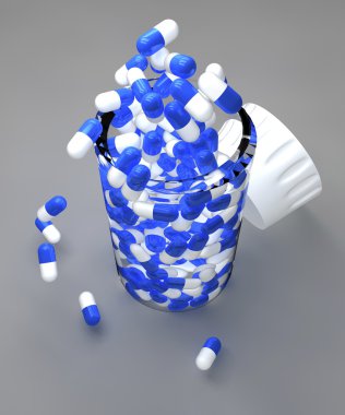 Blue and white pills in bottle clipart